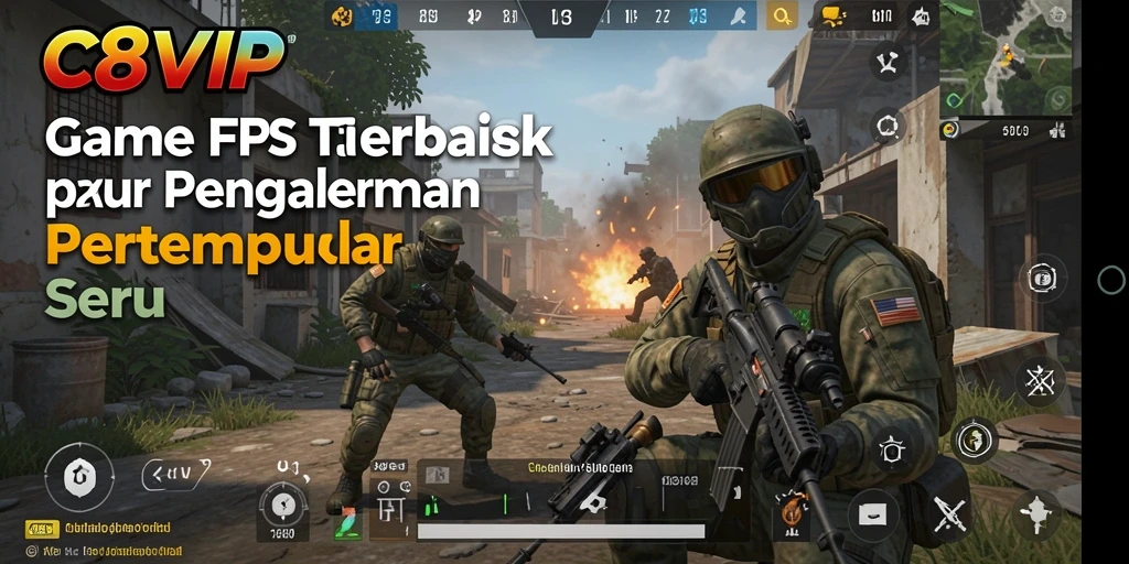 Screenshot menunjukkan aksi intens di game FPS C8VIP.