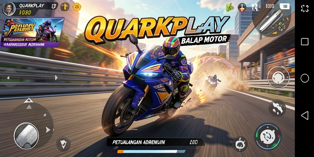 Tampilan gameplay menegangkan dalam balapan motor di QUARKPLAY.